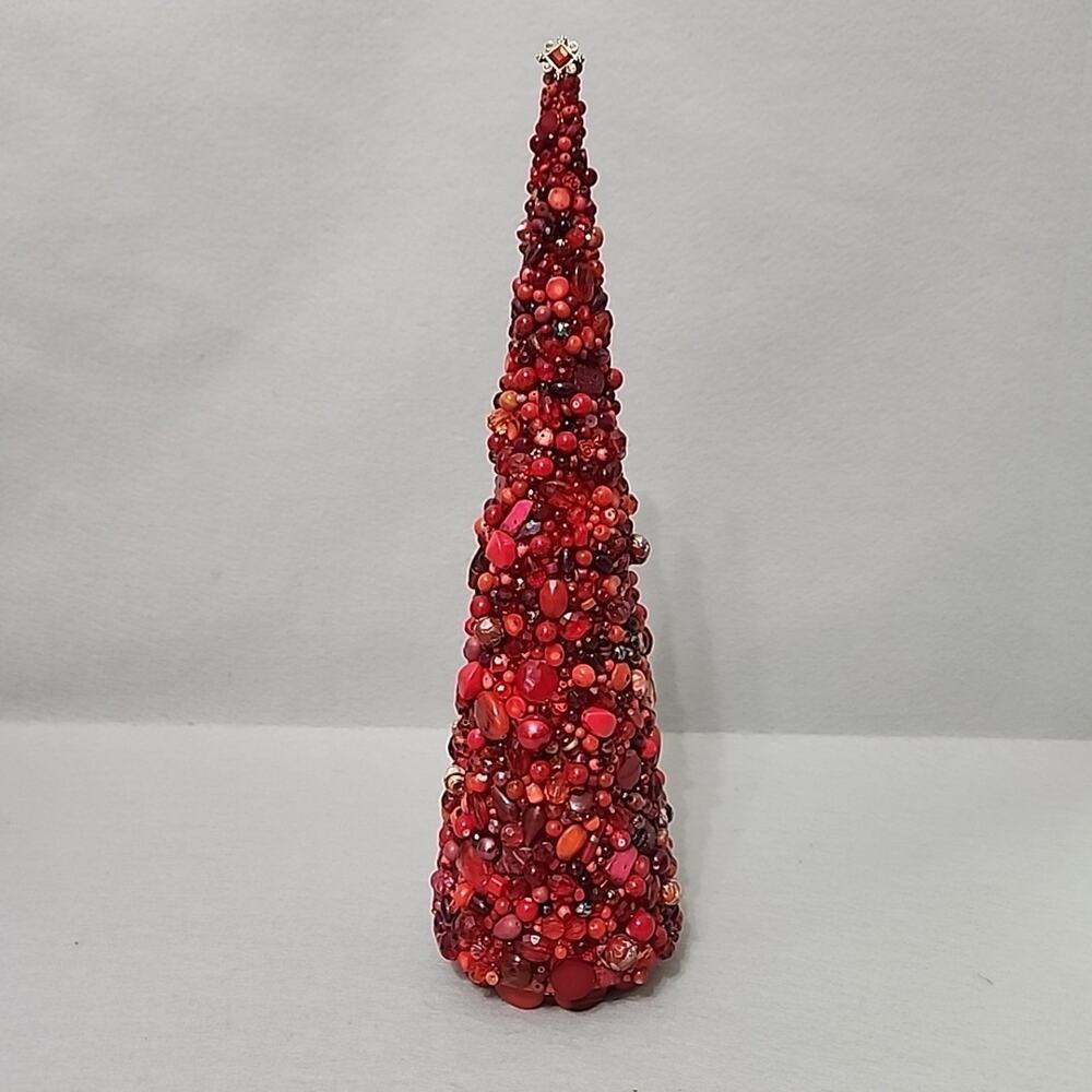 17in Red Beaded Christmas Tree Cone Handmade Bejeweled Ornate Jewelry
